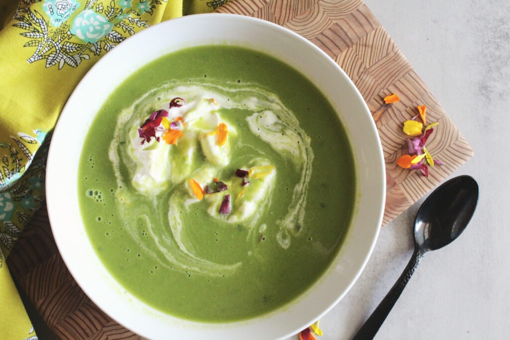 Pea Soup with fresh Herbs and whipped yogurt cream