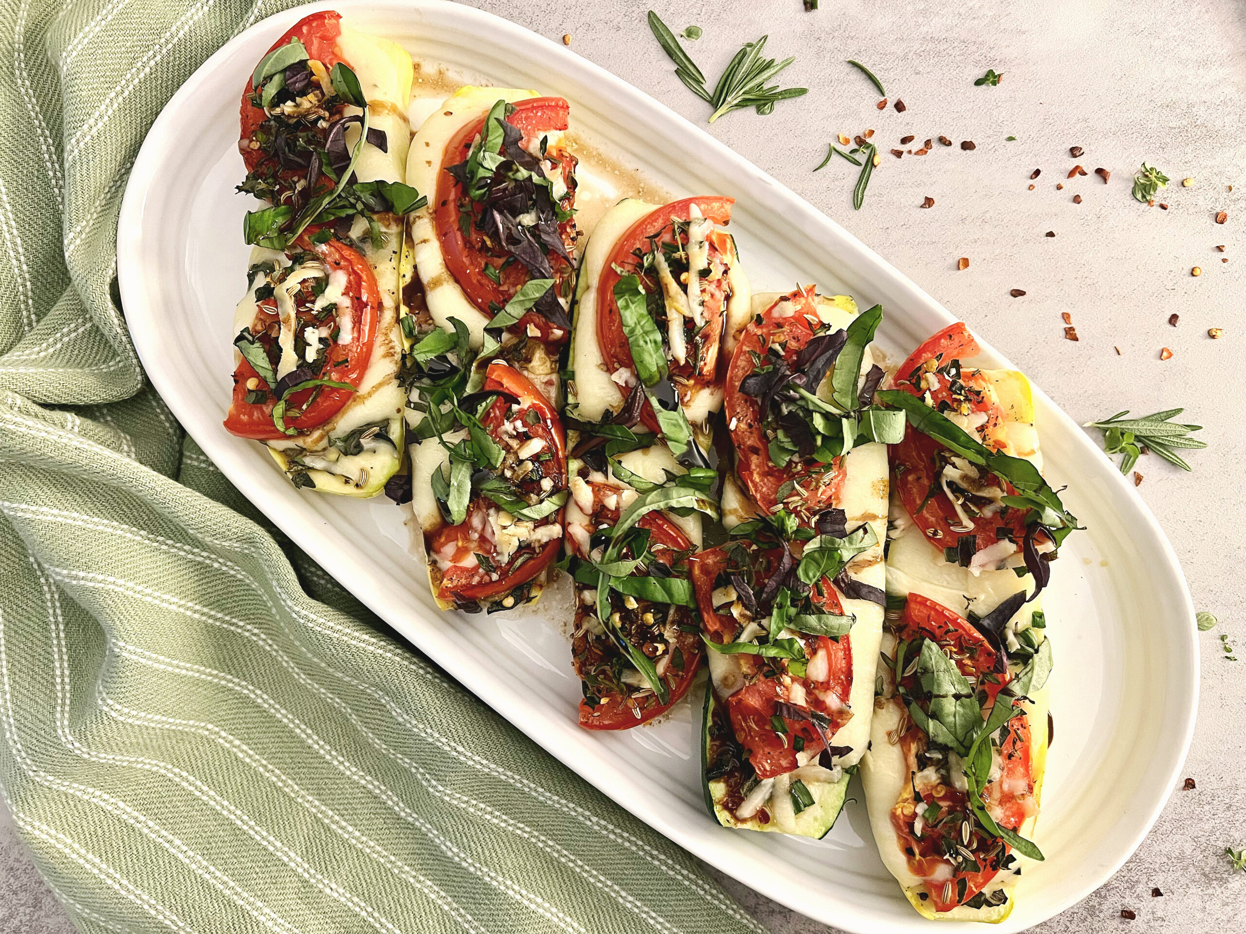 Pizza Squash Slices on white platter